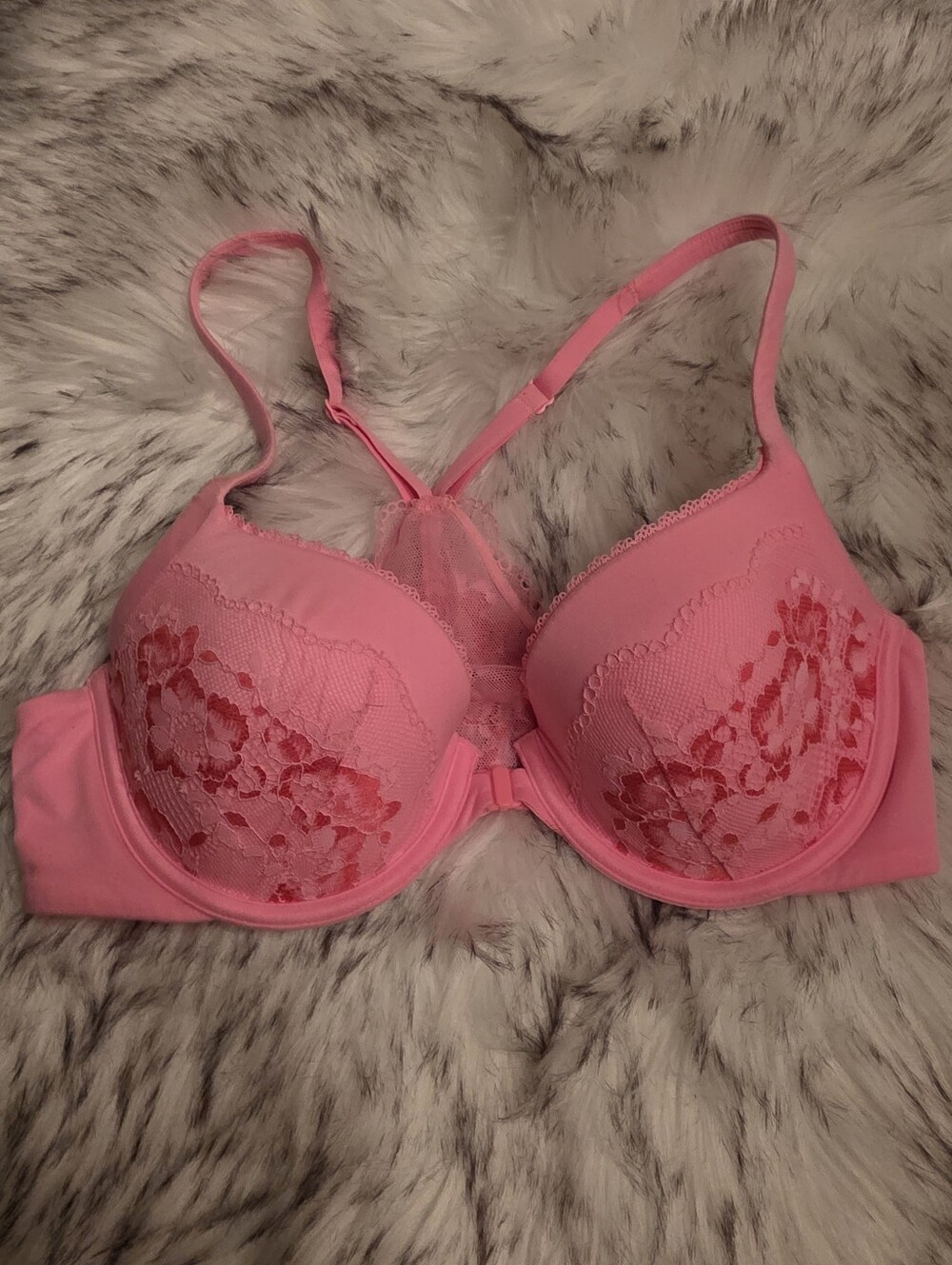 Victoria's Secret Hot Peach Lace Racerback Front-Close Demi Bra 34C.